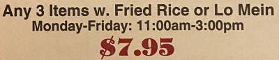 Lunch Buffet is $7.95 - 3 items with Fried Rice or Lo Mein - Mon- Fri - 11am - 3pm at Ever Green Express Chinese & Japanese in Canandaigua, NY