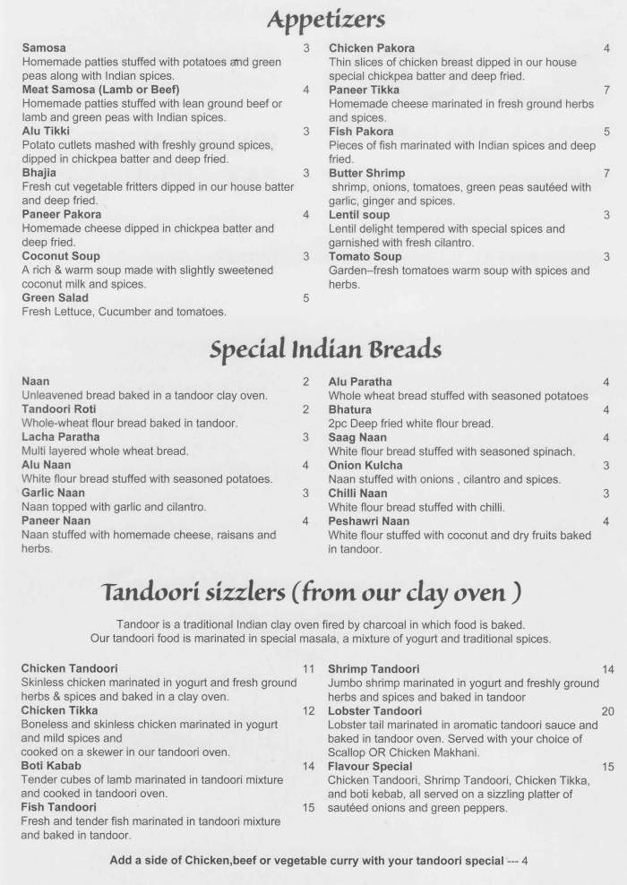 Page 1 of menu, Flavors Indian in Canandaigua, NY
