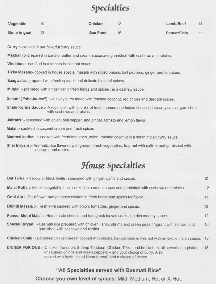 Page 2 of menu, Flavors Indian in Canandaigua, NY