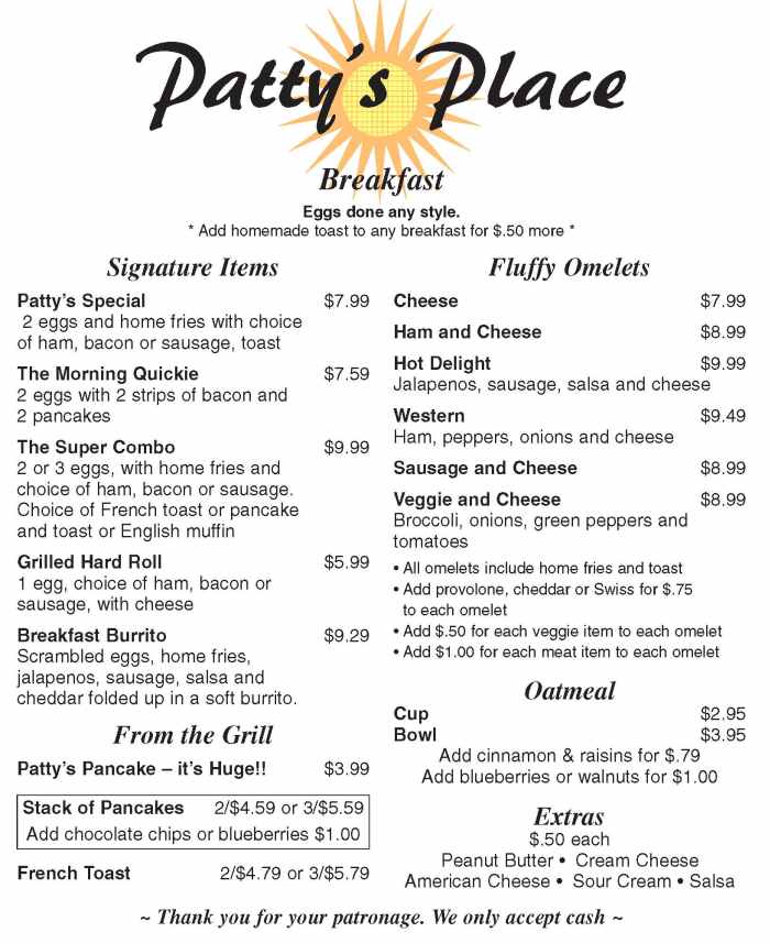 Page 1 of menu, Patty's Place in Canandaigua, NY