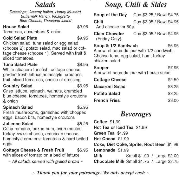 Page 4 of menu, Patty's Place in Canandaigua, NY