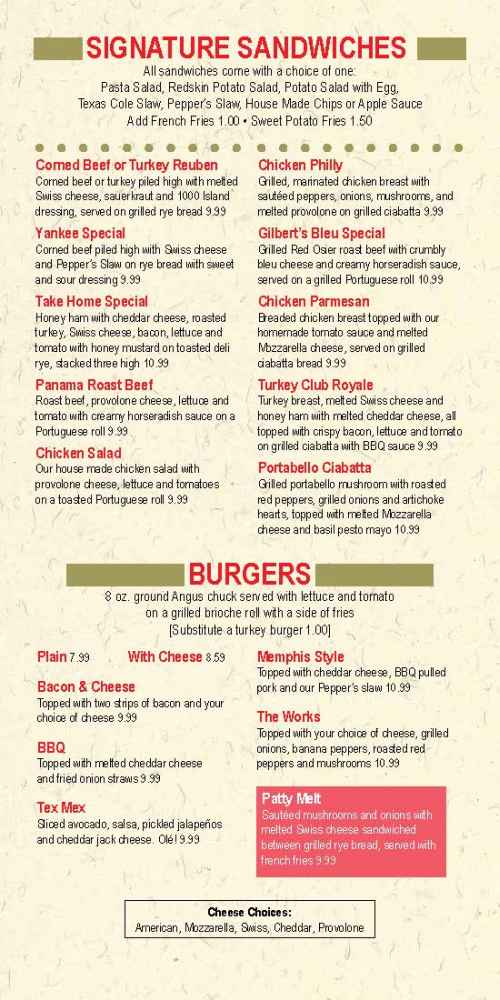 Page 3 of menu, Peppers Deli & Pasta Canandaigua, NY