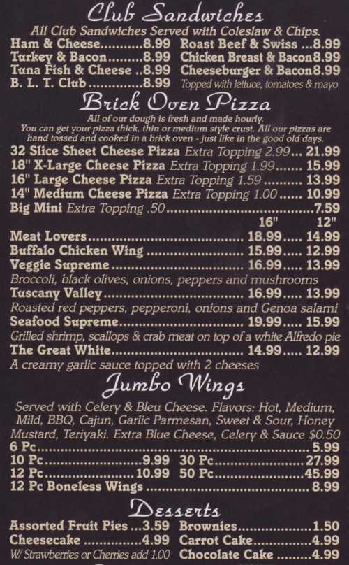 Page 1 of menu, Pizano's Pizza in Canandaigua, NY