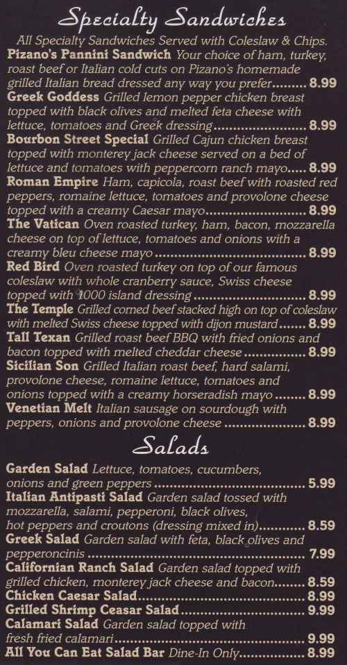 Page 3 of menu, Pizano's Pizza in Canandaigua, NY