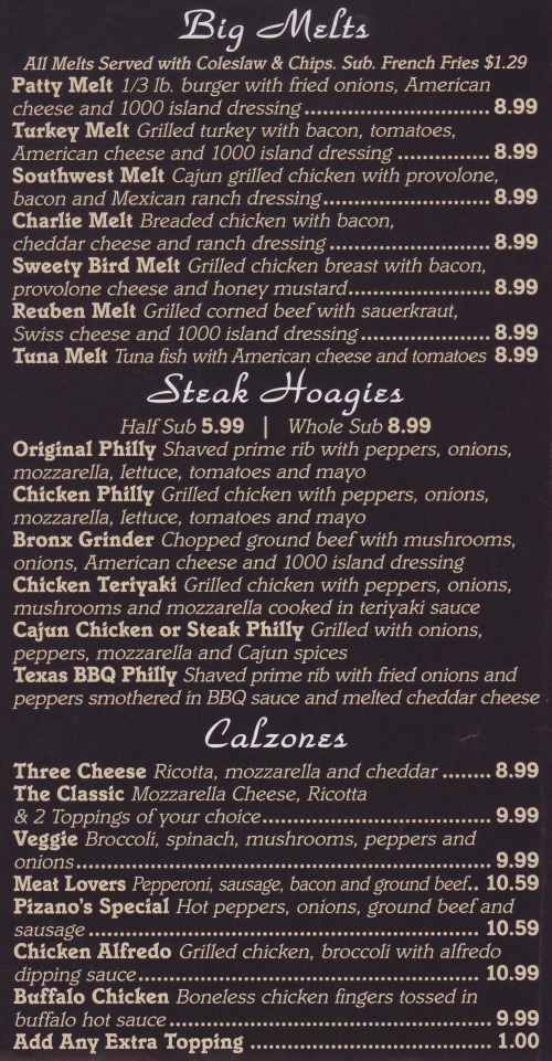 Page 5 of menu, Pizano's Pizza in Canandaigua, NY