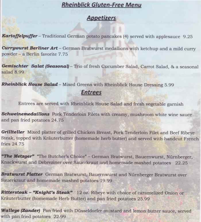 Gluten-free menu, Rheinblick German Canandaigua, NY