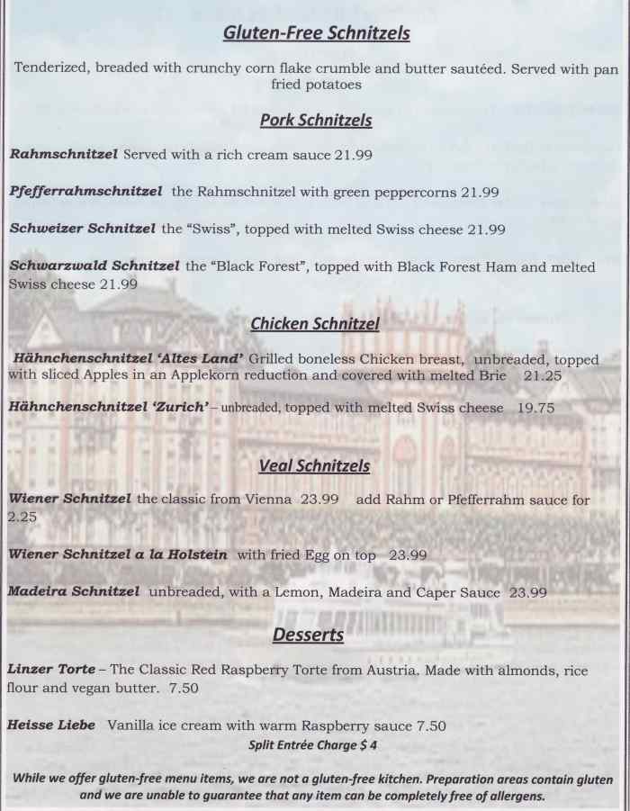 Gluten-free menu page 2, Rheinblick German Canandaigua, NY