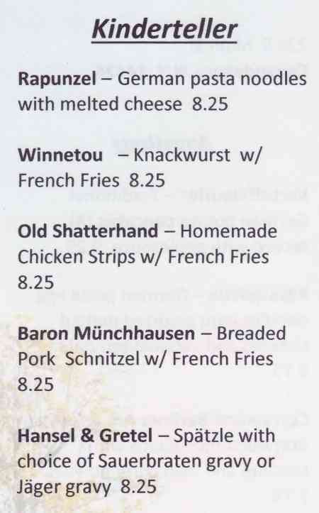Kids menu, Rheinblick German Canandaigua, NY