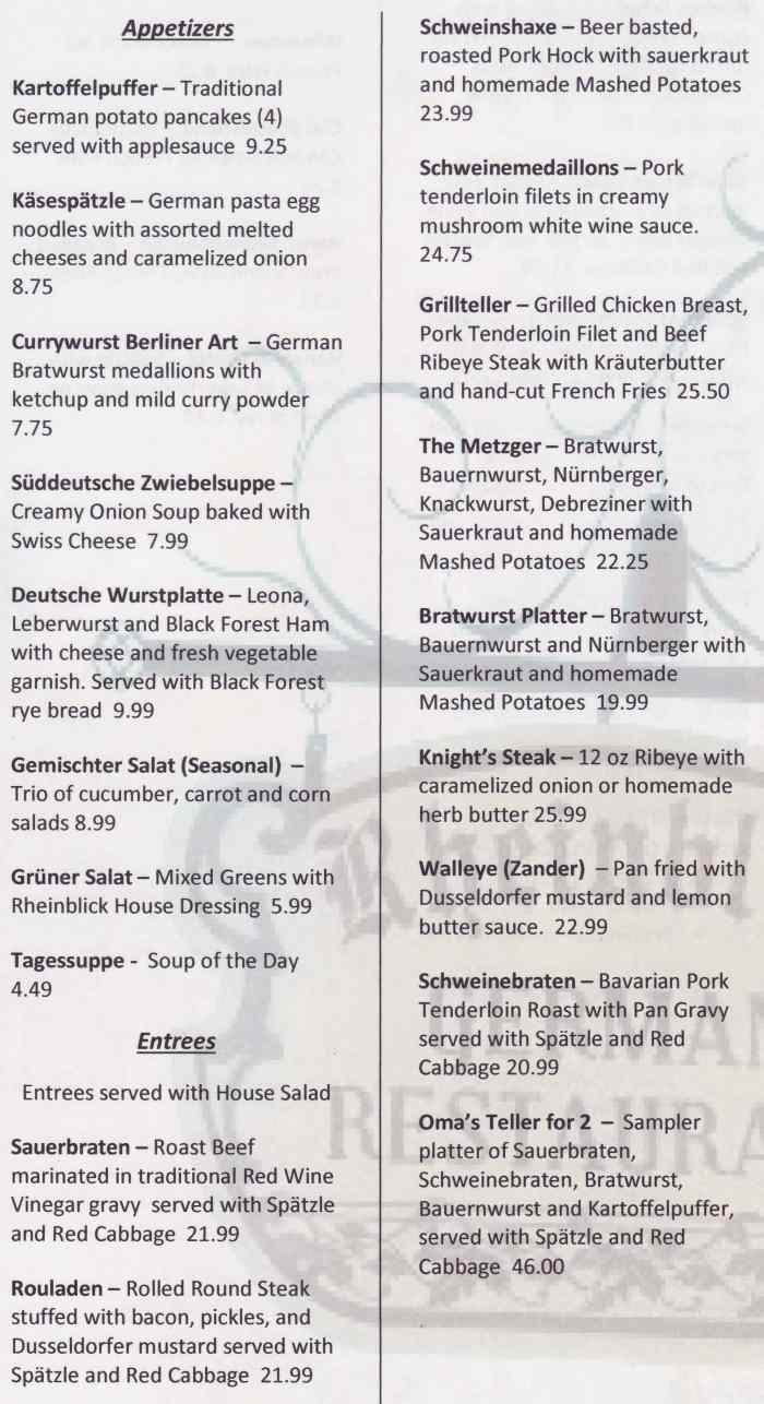 Page 1 of menu, Rheinblick German Canandaigua, NY