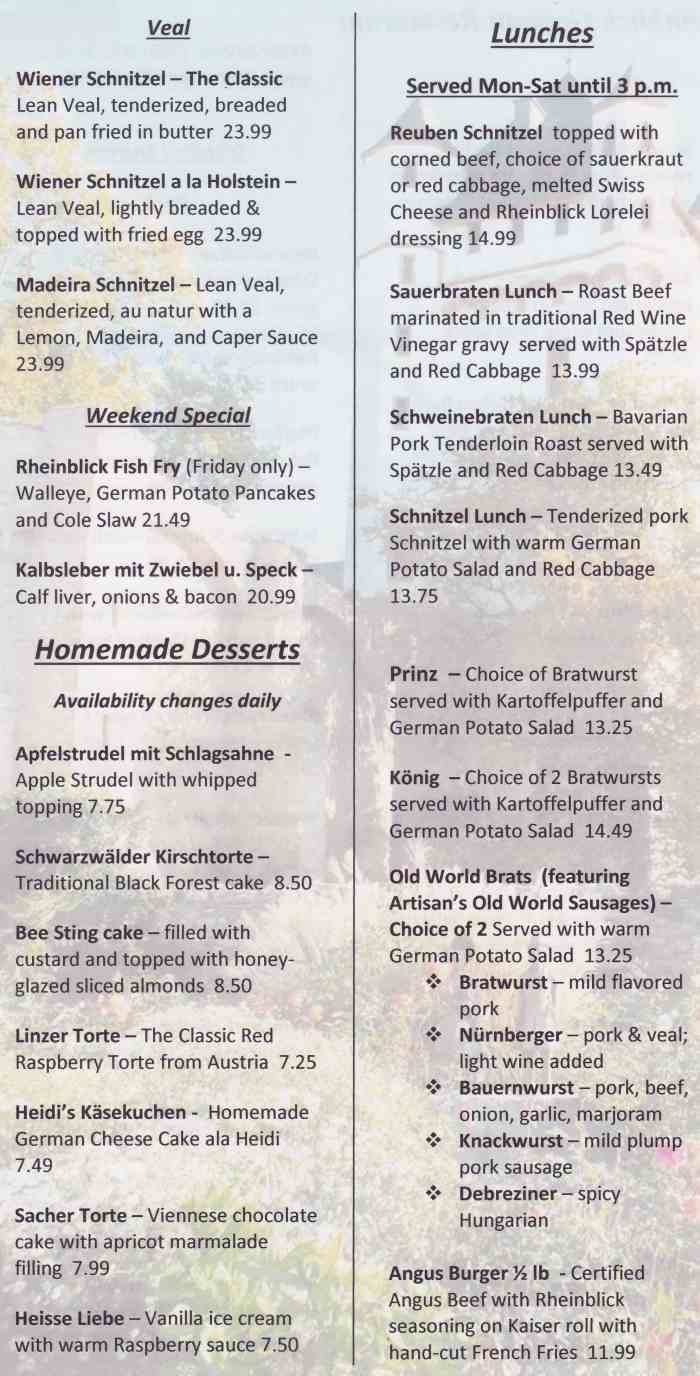 Page 3 of menu, Rheinblick German Canandaigua, NY