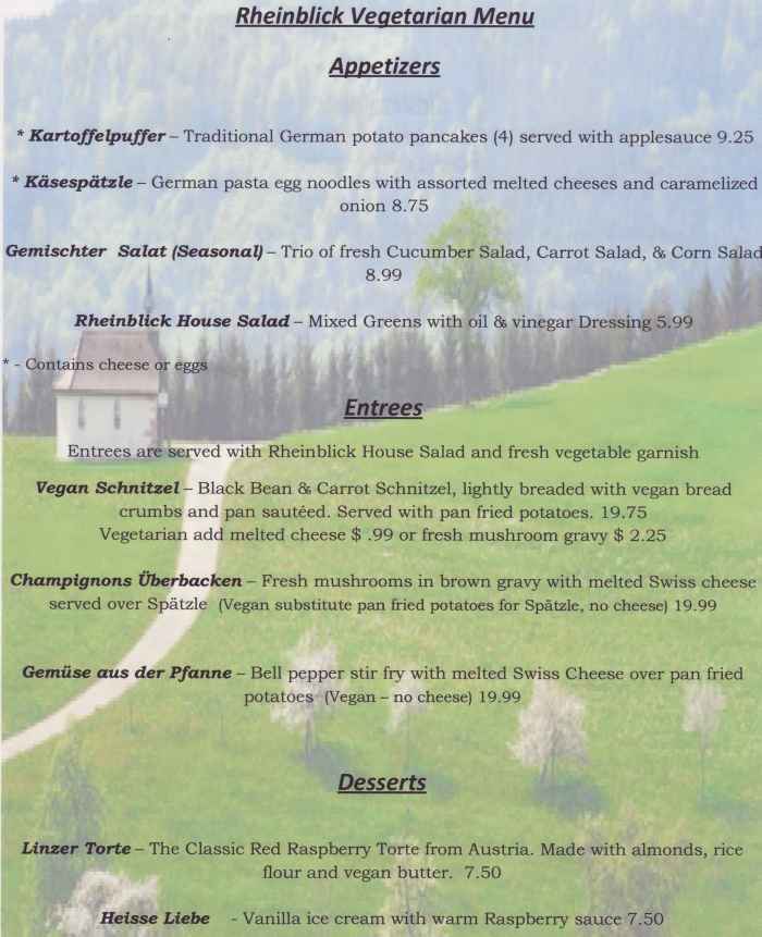 Vegetarian menu, Rheinblick German Canandaigua, NY