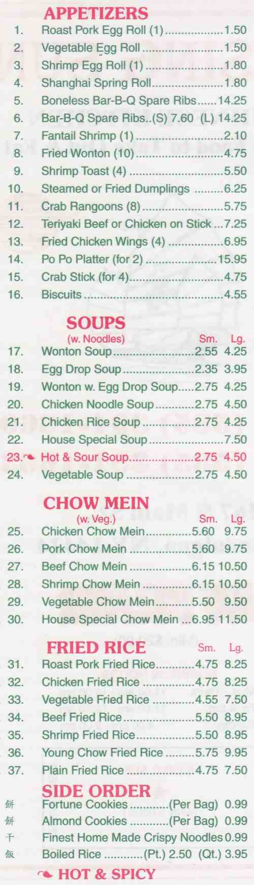 Page 1 of menu, Rising Sun in Canandaigua, NY
