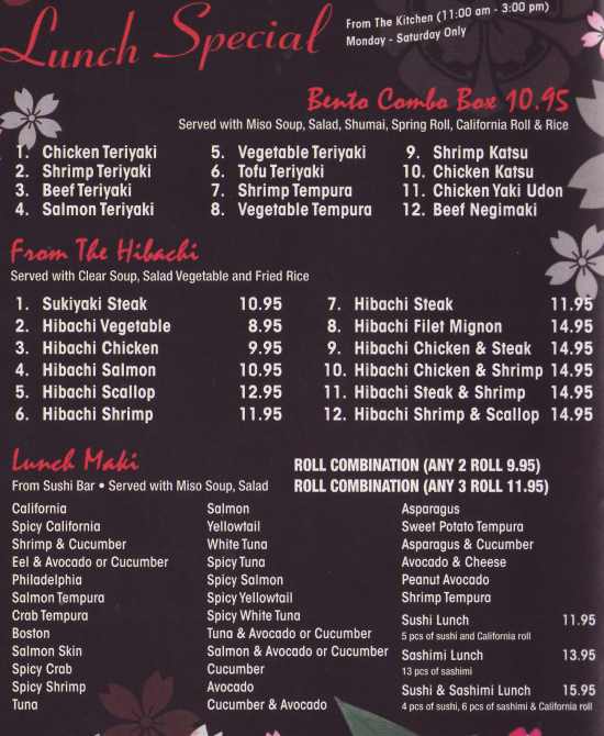 Lunch menu, Sakura Japanese Canandaigua, NY