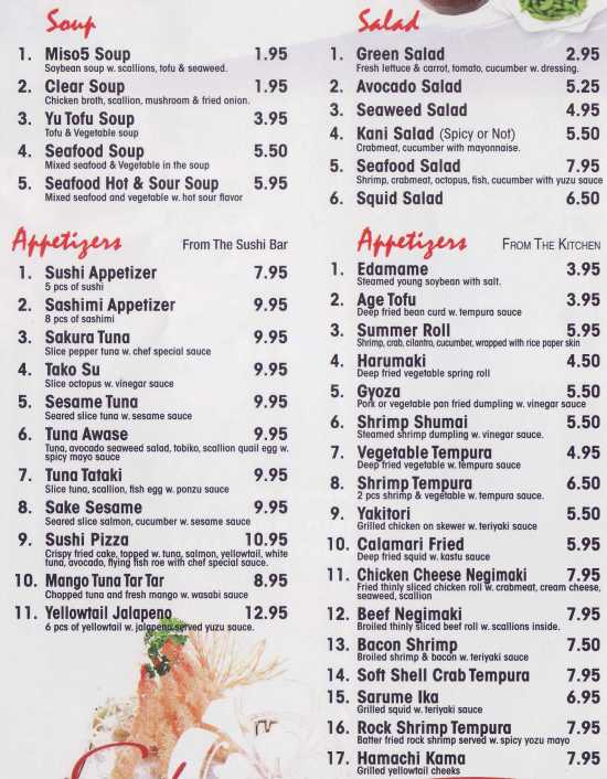 Page 1 of menu, Sakura Japanese Canandaigua, NY