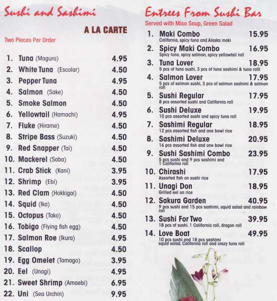 Page 2 of menu, Sakura Japanese Canandaigua, NY
