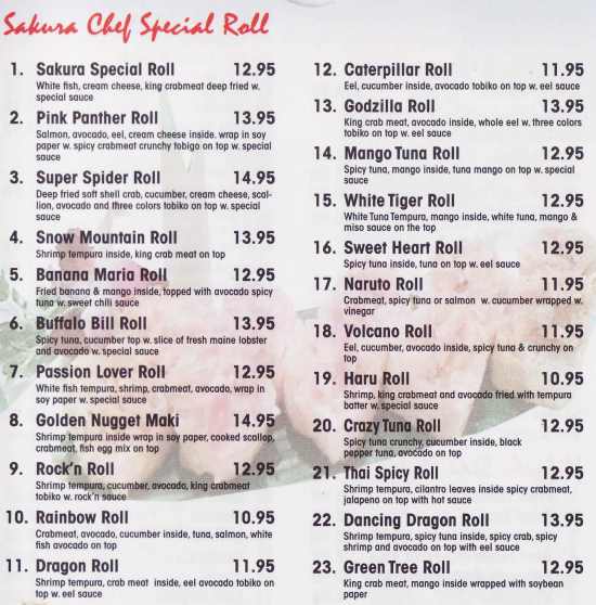 Page 4 of menu, Sakura Japanese Canandaigua, NY