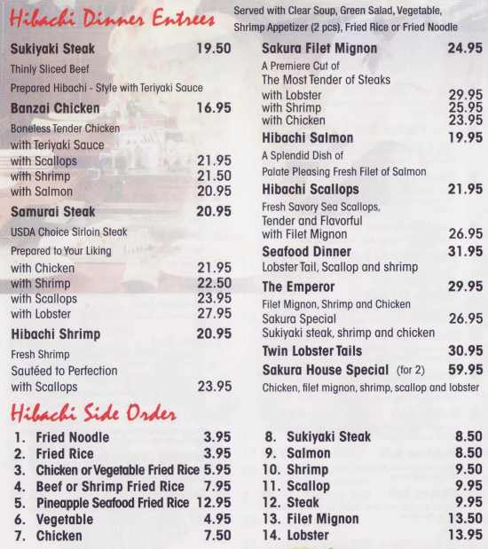 Page 5 of menu, Sakura Japanese Canandaigua, NY