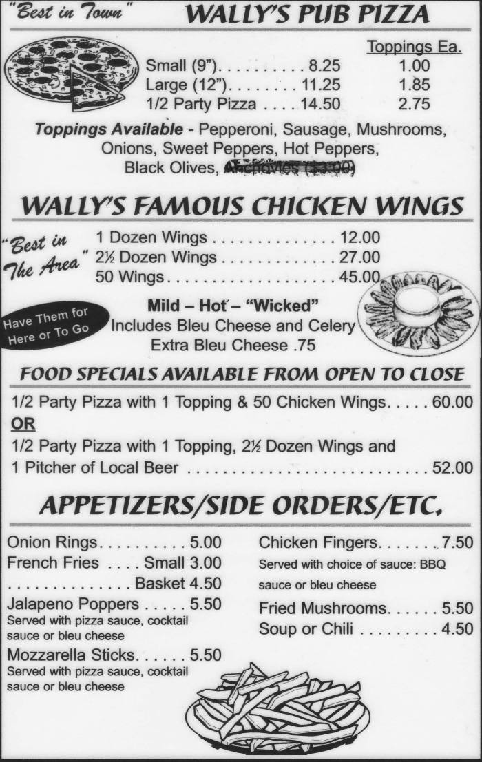Page 1 of menu, Wally's Pub in Canandaigua, NY