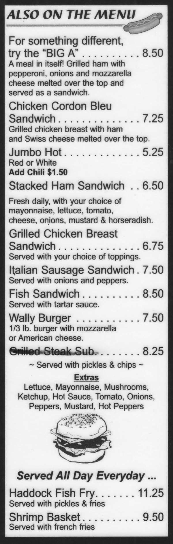 Page 2 of menu, Wally's Pub in Canandaigua, NY